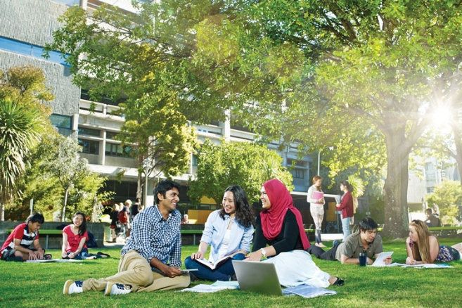 Students sitting outside talking studying