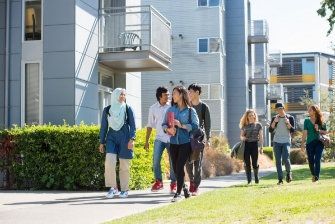 Students walking around outside campus