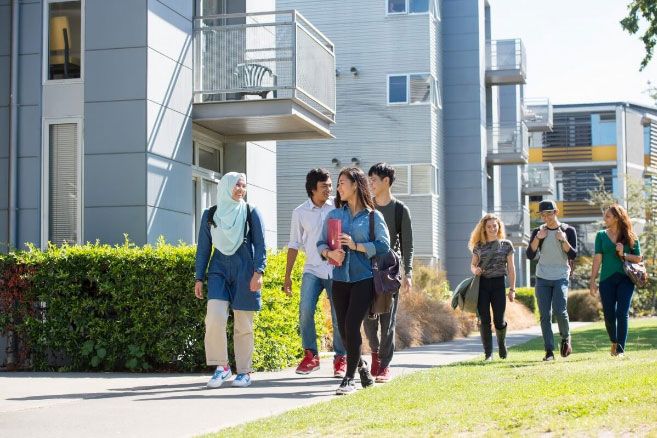 Students walking around outside campus